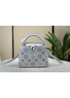 Louis Vuitton Capucines Mini Tote Shoulder Bag White Monogram Cutout Lace Leather M22863