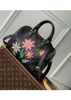 Louis Vuitton LVxYK Speedy Bandouliere 25 Tote Shoulder Bag with Flower Marquetry Black Leather M46415 