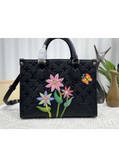 Louis Vuitton LVxYK OnTheGo PM Tote Bag Black Monogram Leather with Flower Marquetry M46416 