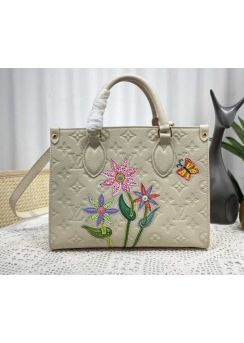 Louis Vuitton LVxYK OnTheGo PM Tote Bag Off White Monogram Leather with Flower Marquetry M46416