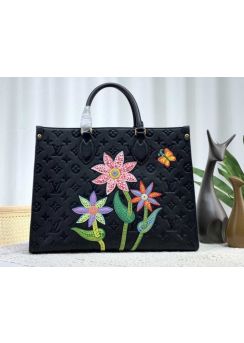 Louis Vuitton LVxYK OnTheGo MM Tote Bag Black Monogram Leather with Flower Marquetry M46416 