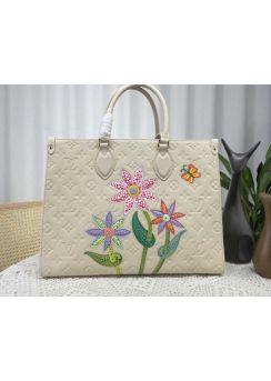 Louis Vuitton LVxYK OnTheGo MM Tote Bag Off White Monogram Leather with Flower Marquetry M46416