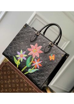 Louis Vuitton LVxYK OnTheGo MM Tote Black Monogram Leather with Flower Marquetry Bag M46416