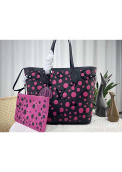 Louis Vuitton LVxYK Neverfull MM Leather Shopping Tote Bag with Infinity Dots Black Fuchsia m46419 