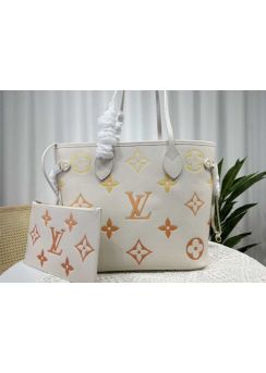 Louis Vuitton Neverfull MM Shopping Tote Bag Beige Monogram Embossed Leather M46516 