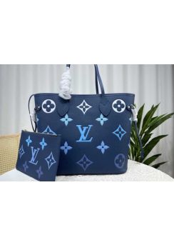 Louis Vuitton Neverfull MM Shopping Tote Bag Blue Monogram Embossed Leather M46516 