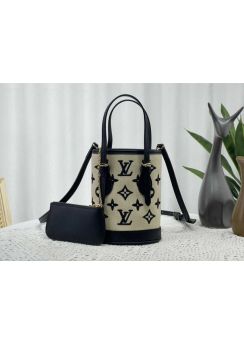 Louis Vuitton Nano Bucket Shoulder Bag Black Leather and Lotus Cotton m82418