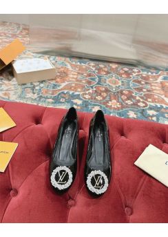 Louis Vuitton Madeleine Ballet Flat with Crystal LV Initials Black Patent Leather 35To41