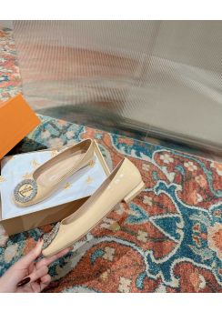 Louis Vuitton Met Beige Patent Leather Ballet Flats with Crystal LV Initials 35To41