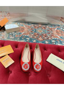 Louis Vuitton Met Red Patent Leather Ballet Flats with Crystal LV Initials 35To41