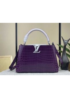 Louis Vuitton Capucines PM Tote Shoulder Bag Purple Crocodile Embossed Leather N93419 