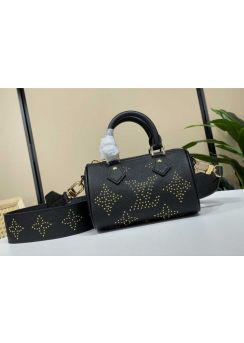 Louis Vuitton Nano Speedy Shoulder Crossbody Bag Black Leather with Studs M81456 
