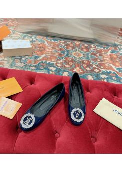 Louis Vuitton Met Navy Blue Patent Leather Ballet Flats with Crystal LV Initials 35To41