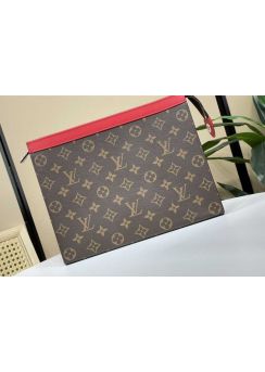 Louis Vuitton Pochette Voyage MM Pouch Clutch Travel Bag Monogram Canvas and Red Leather M61692