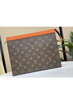 Louis Vuitton Pochette Voyage MM Pouch Clutch Travel Bag Monogram Canvas and Orange Leather M61692