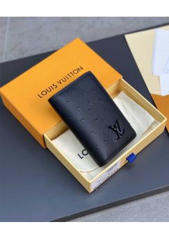 Louis Vuitton Pocket Organizer Black Ostrich Leather Wallet N82507 