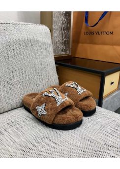 Louis Vuitton Pool Pillow Comfort Flat Mules Slide Sandal Brown Shearling Fur 35To41
