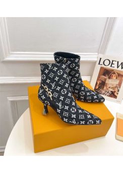 Louis Vuitton Sparkle High Heeled Ankle Boot Black Denim Monogram Fabric 65MM 35To41