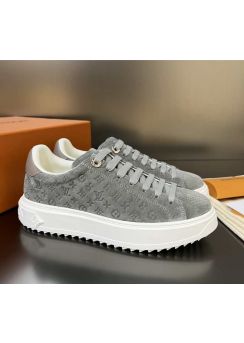 Louis Vuitton Time Out Lace Up Sneakers Grey Suede Monogram Leather 35To40To45