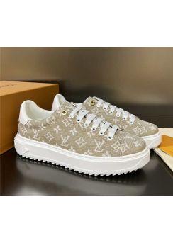 Louis Vuitton Time Out Lace Up Sneakers Beige Monogram Denim 35To40To45