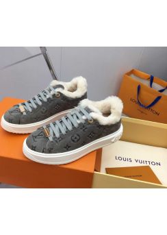 Louis Vuitton Time Out Gray Suede Leather Sneakers with Shearling Fur 35To41