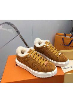 Louis Vuitton Time Out Brown Suede Leather Sneakers with Shearling Fur 35To41