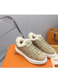 Louis Vuitton Time Out Green Suede Leather Sneakers with Shearling Fur 35To41