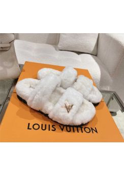Louis Vuitton White Shearling Fur Paseo Flat Comfort Mule Sandal 35To42