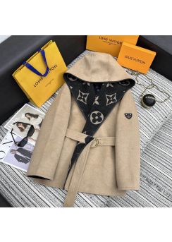 Louis vuitton 2025 fall black flower camel hooded wool coat LV202512800 black LV2512800