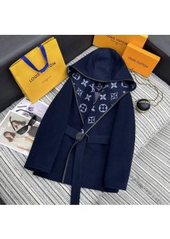 Louis vuitton 2025 fall blue flower hooded wool coat LV202512778 blue LV2512778