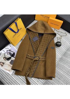 Louis Vuitton 2025 fall caramel small flower hooded wool coat mid length LV202512796 LV2512796