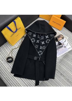 Louis vuitton 2025 Fall Winter Black Floral Hooded Wool Coat Black LV2512801