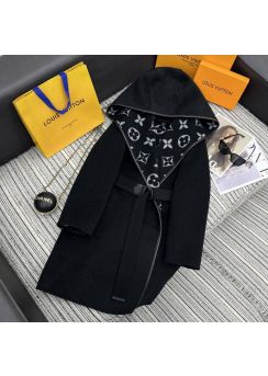 Louis vuitton 2025 Fall Winter Black Floral Long Hooded Wool Coat Black LV2512802