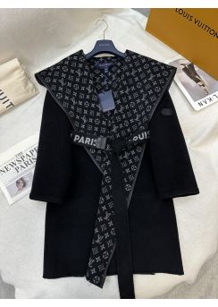 Louis vuitton Black Logo Belt Floral Hooded Double Face Coat Black LV2512895