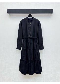Louis Vuitton Cotton Twill Stand Collar Belted Tiered Dress LV2512405