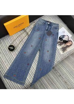 Louis vuitton Early Fall Embroidered Logo Rhinestone Straight Denim Pants LV2512835