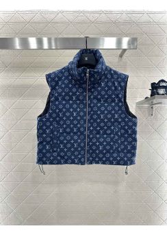 Louis Vuitton Stand Collar Denim Jacquard Down Vest Deep Blue Blue LV2512460