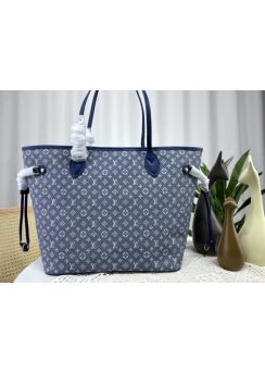 Louis Vuitton Neverfull MM Tote Shoulder Bag Blue Monogram Denim M21465 