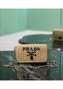 Prada logo embroidered chain linked raffia crochet shoulder crossbody bag beige 1BF135