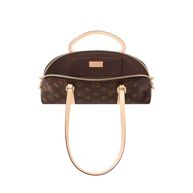 Open interior view of the Louis Vuitton Squire East-West M28953 showing the textile lining and flat pocket