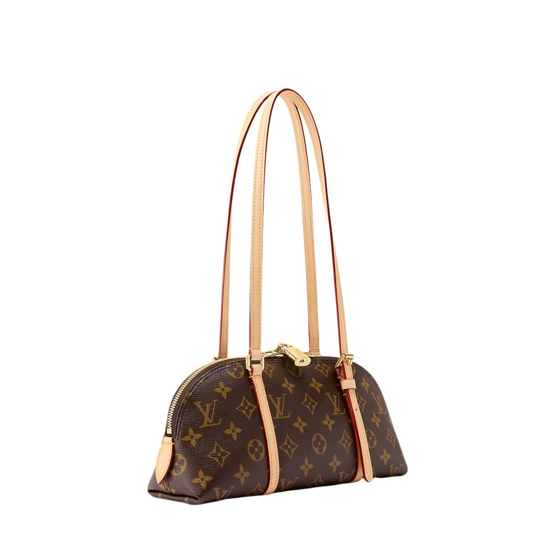 Three-quarter side view of the Louis Vuitton Squire East-West M28953 showing its curved profile, double zipper and shoulder straps